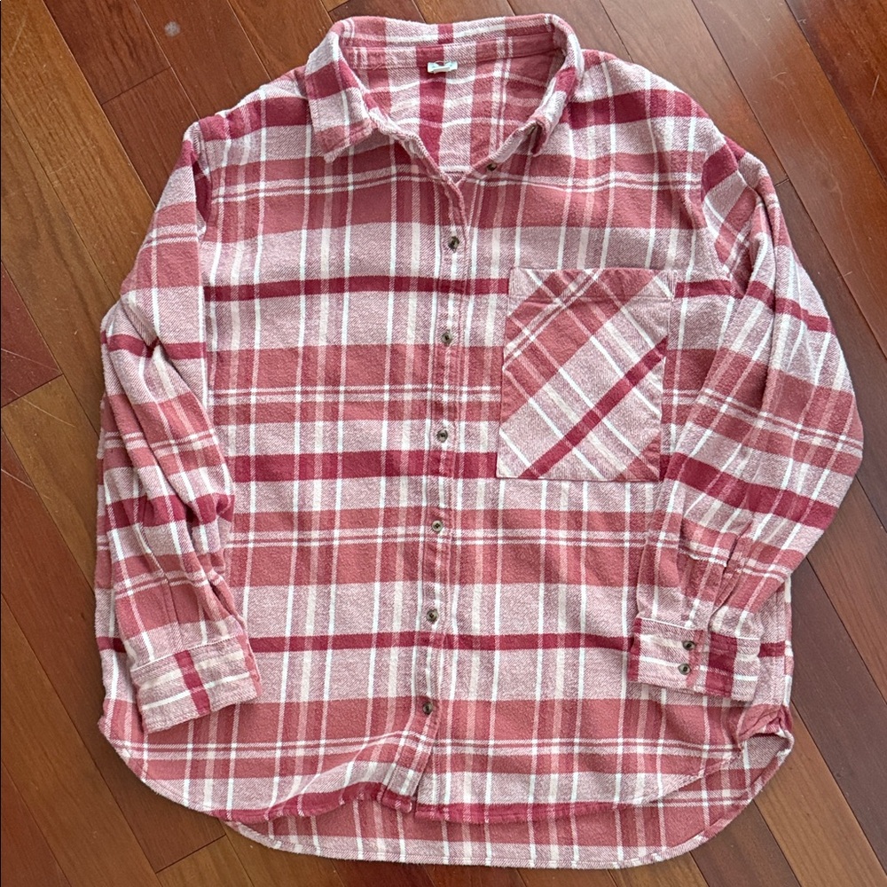 aerie Pink and White Plaid Button-Down Shirt